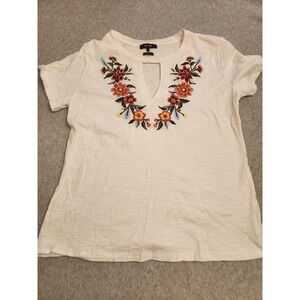 Miss Me Shirt Womens‎ Large White Floral Embroidered Boho Keyhole Cotton Tee Top
